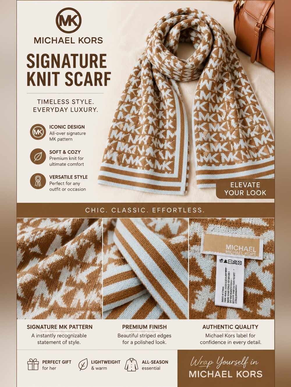 Michael Kors Camel & White Signature Knit Scarf